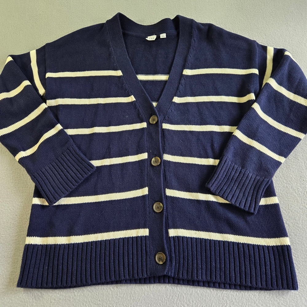 Gap Boyfriend Cardigan Womens S Navy Blue White Striped Cotton V-Neck Sweater